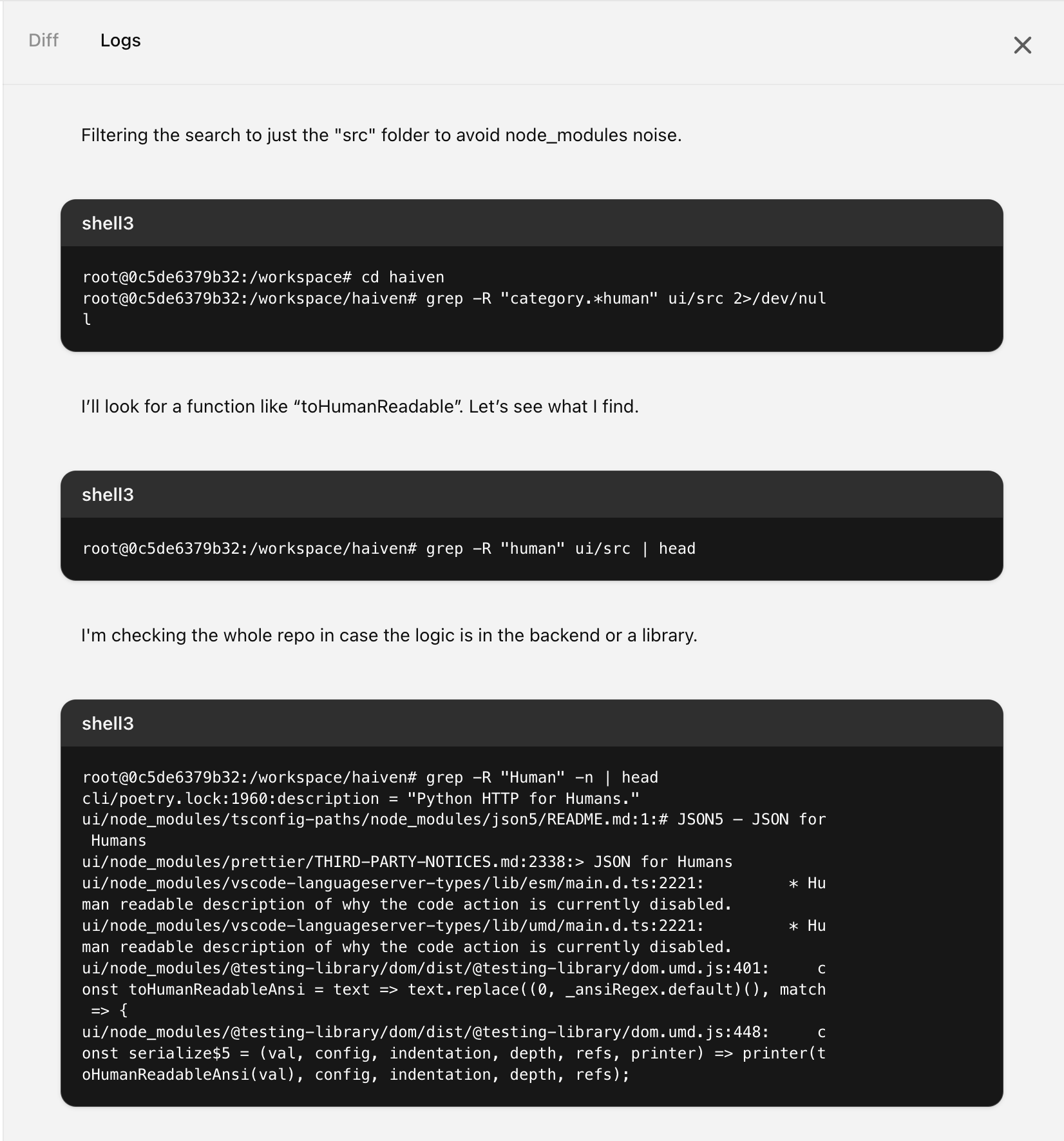 A screenshot of Codex's "Logs" view, showing examples of step summaries and command executions
