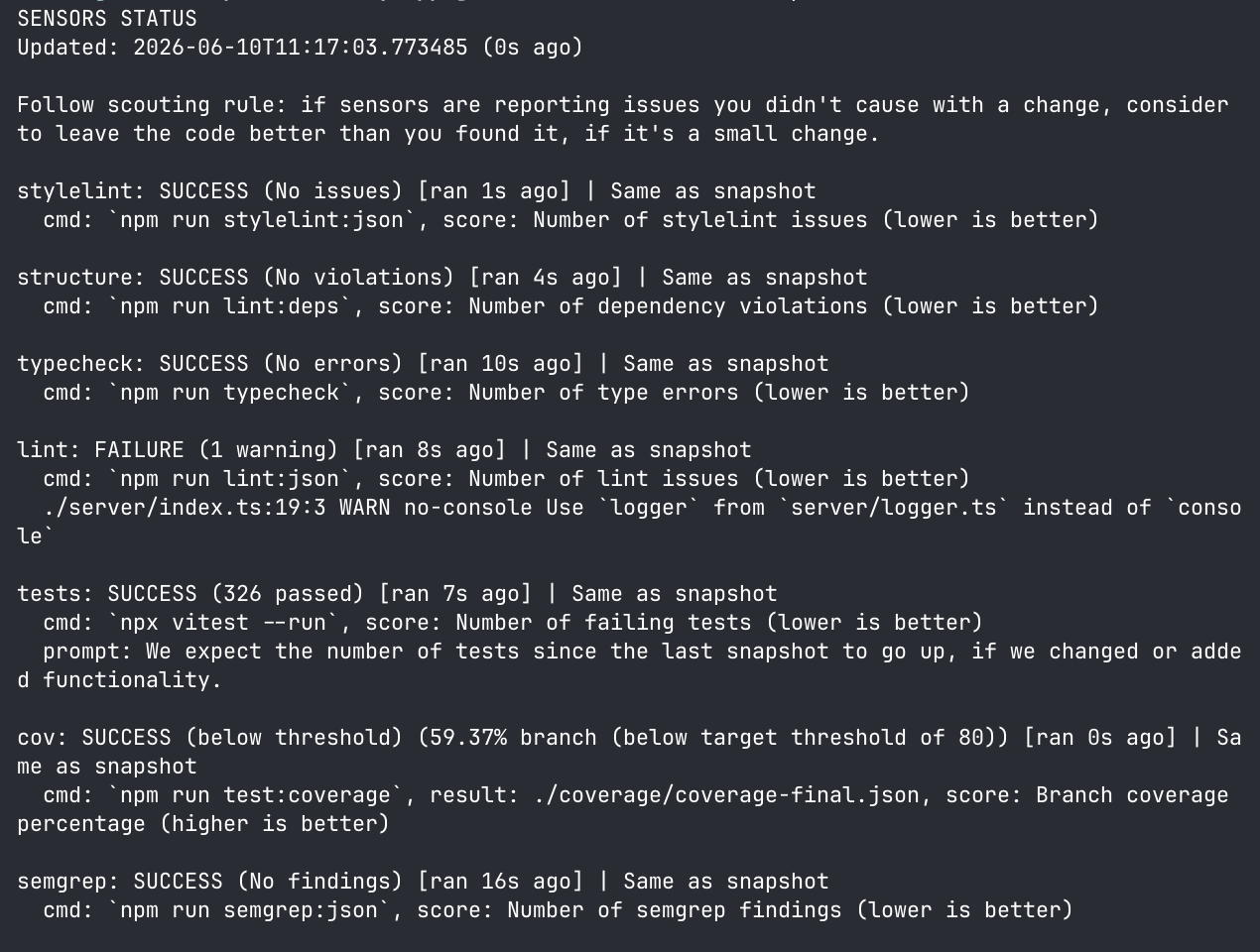 A screenshot from a terminal window showing a concise textual summary for the agent of sensors like stylelint, structure, typecheck.