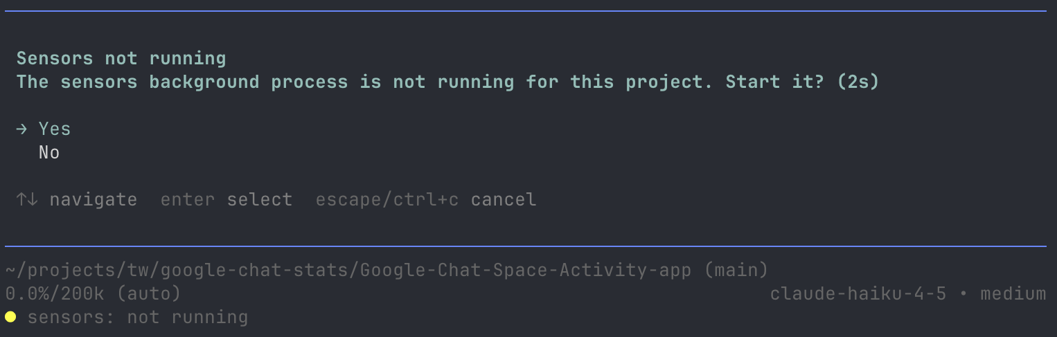 A screenshot from a terminal window showing the Pi agent startup screen, asking the user if they want to start the sensors Yes/No. The bottom status line of Pi shows 'sensors: not running'